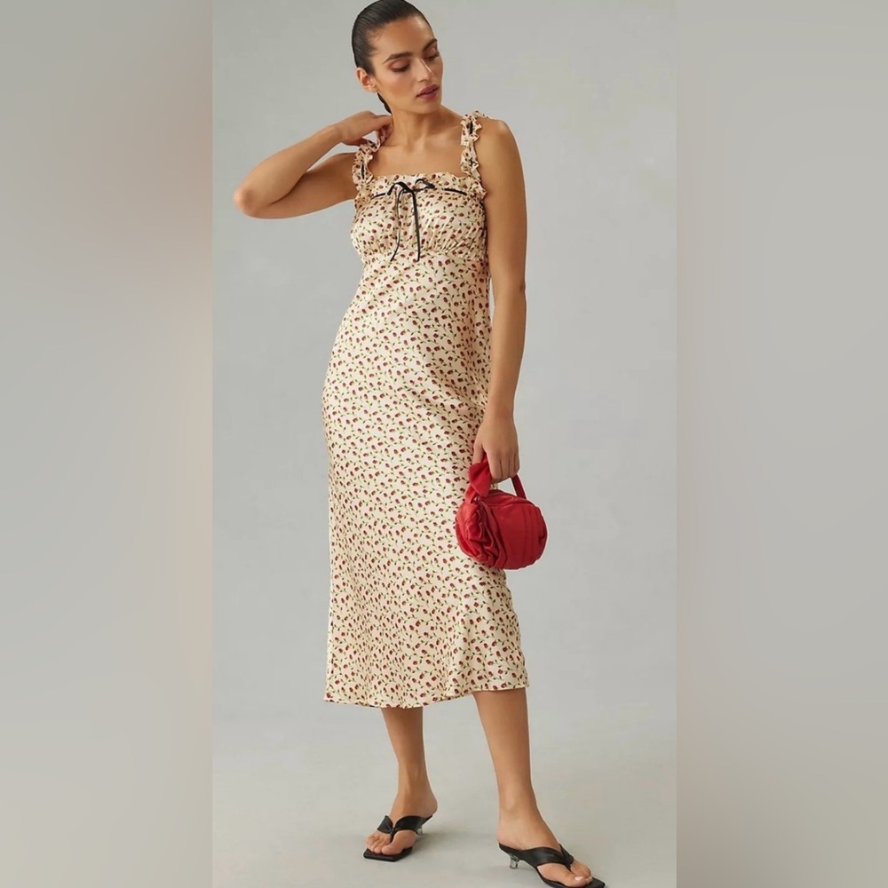 Reformation Cream Midi Dress with Red Floral Pattern- Erdam